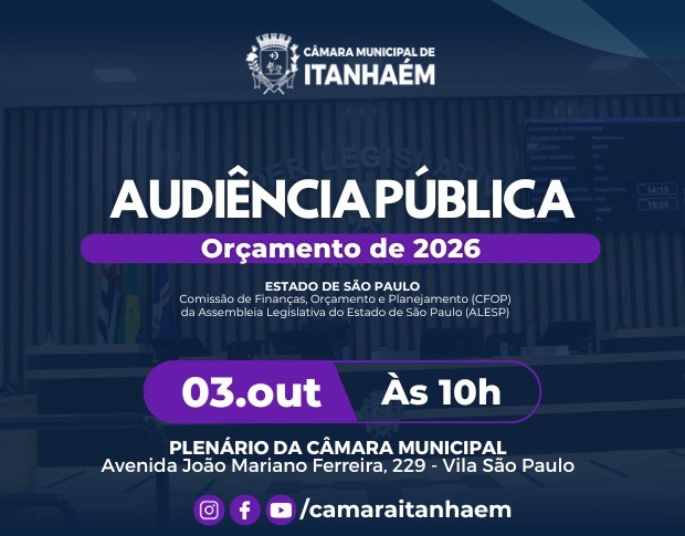 Câmara Municipal sediará audiência pública da ALESP sobre Orçamento de 2026