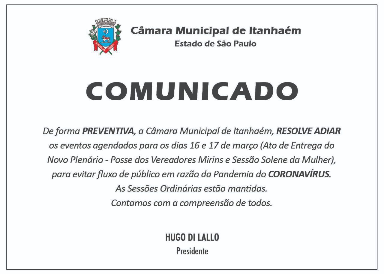 Imagem da notícia: A Câmara Municipal informa que a realização da 117ª Sessão Ordinária está mantida e acontece hoje (16) no Prédio da Câmara, a partir das 18 horas