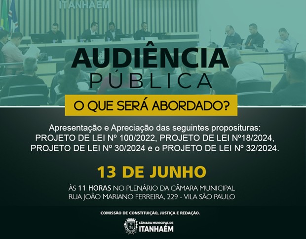 Imagem da notícia: AUDIÊNCIA PÚBLICA - DEMONSTRAÇÃO E AVALIAÇÃO DE PROJETOS DE LEIS