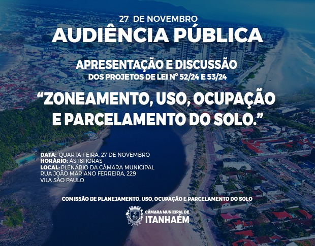 Imagem da notícia: AUDIÊNCIA PÚBLICA DE DISCUSSÃO DOS PROJETOS DE LEI DE ATUALIZAÇÃO DO ORDENAMENTO URBANÍSTICO DO MUNICÍPIO