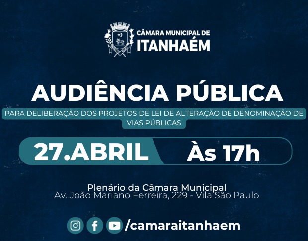 Imagem principal da notícia Câmara de Itanhaém convida população para Audiência Pública sobre alteração de nomes de vias públicas